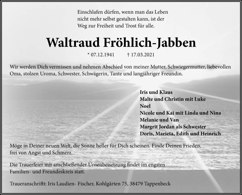  Traueranzeige für Waltraud Fröhlich-Jabben vom 20.03.2021 aus Aller Zeitung