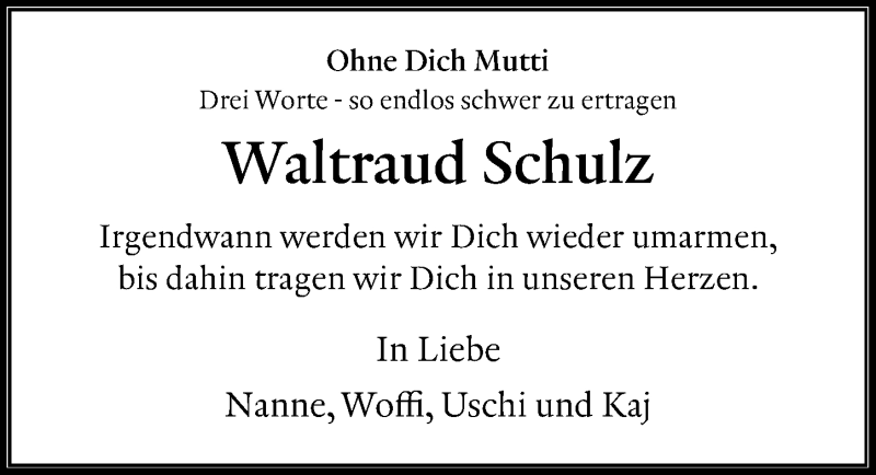  Traueranzeige für Waltraud Schulz vom 20.03.2021 aus Göttinger Tageblatt