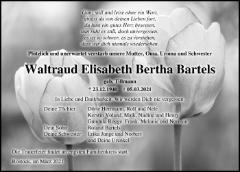 Traueranzeige von Waltraud Elisabeth Bertha Bartels von Ostsee-Zeitung GmbH