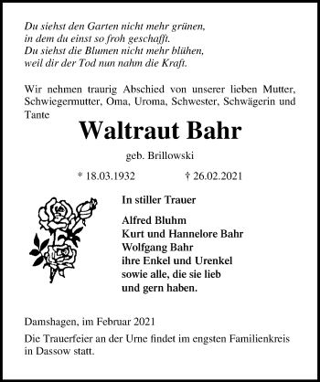 Traueranzeige von Waltraut Bahr von Ostsee-Zeitung GmbH