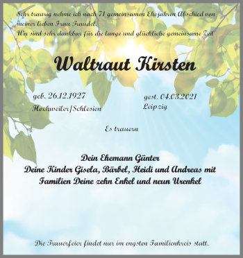 Traueranzeige von Waltraut Kirsten von Leipziger Volkszeitung