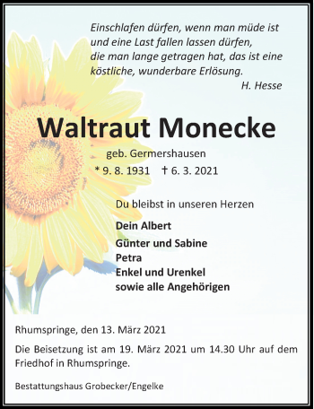Traueranzeige von Waltraut Monecke von Eichsfelder Tageblatt