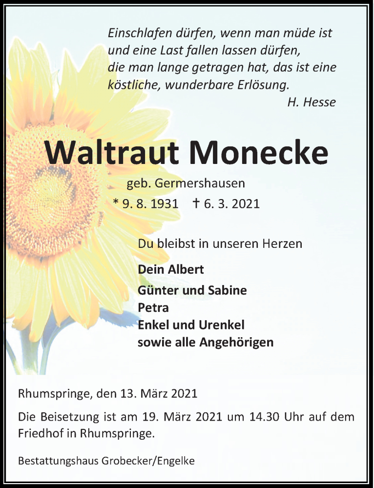  Traueranzeige für Waltraut Monecke vom 13.03.2021 aus Eichsfelder Tageblatt