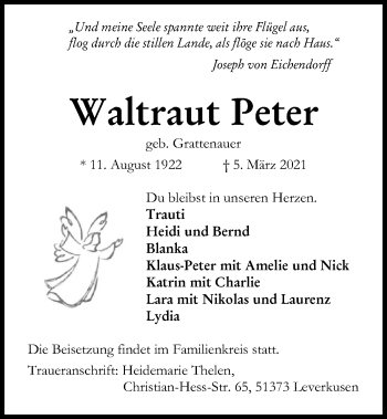Traueranzeige von Waltraut Peter von Kieler Nachrichten