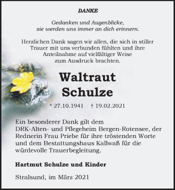 Traueranzeige von Waltraut Schulze von Ostsee-Zeitung GmbH