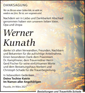 Traueranzeige von Werner Kunath von Leipziger Volkszeitung