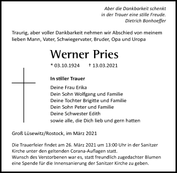Traueranzeige von Werner Pries von Ostsee-Zeitung GmbH