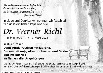 Traueranzeige von Werner Riehl von Leipziger Volkszeitung