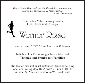 Traueranzeige von Werner Risse von Märkischen Allgemeine Zeitung