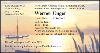 Traueranzeige von Werner Unger von Ostsee-Zeitung GmbH