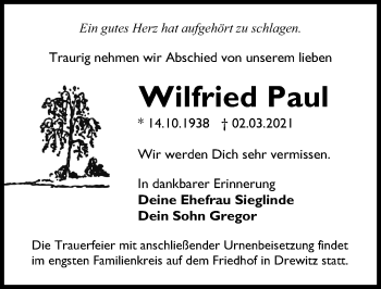 Traueranzeige von Wilfried Paul von Märkischen Allgemeine Zeitung