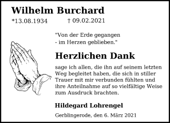 Traueranzeige von Wilhelm Burchard von Eichsfelder Tageblatt