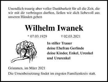 Traueranzeige von Wilhelm Iwanek von Ostsee-Zeitung GmbH