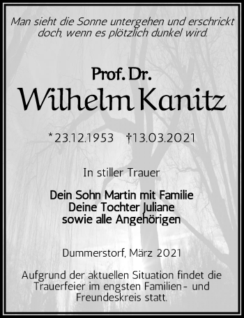 Traueranzeige von Wilhelm Kanitz von Ostsee-Zeitung GmbH