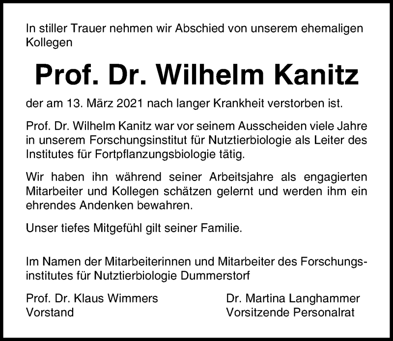  Traueranzeige für Wilhelm Kanitz vom 27.03.2021 aus Ostsee-Zeitung GmbH