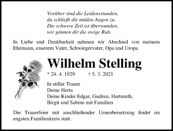 Traueranzeige von Wilhelm Stelling von Ostsee-Zeitung GmbH