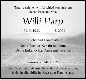 Traueranzeige von Willi Harp von Ostsee-Zeitung GmbH