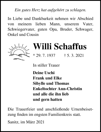 Traueranzeige von Willi Schaffus von Ostsee-Zeitung GmbH