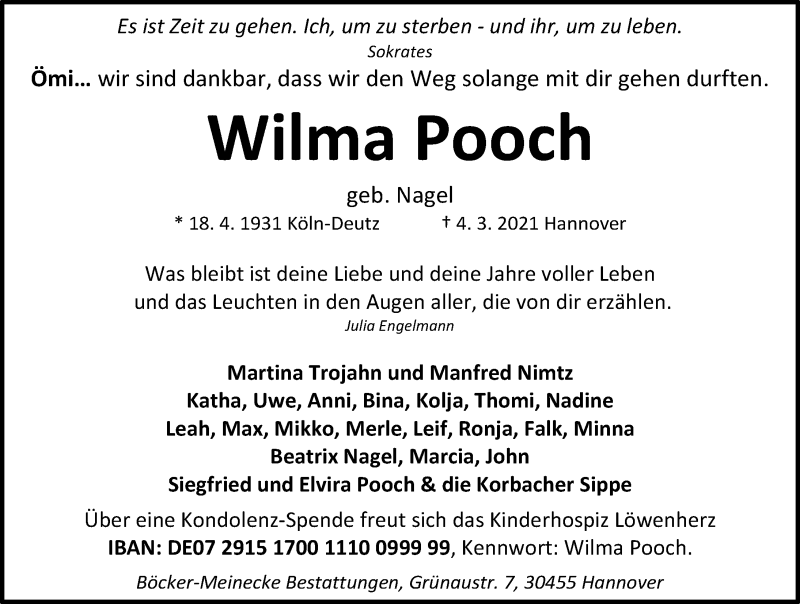  Traueranzeige für Wilma Pooch vom 13.03.2021 aus Hannoversche Allgemeine Zeitung/Neue Presse