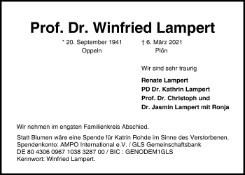 Traueranzeige von Winfried Lampert von Kieler Nachrichten