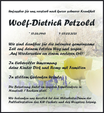 Traueranzeige von Wolf-Dietrich Petzold von Leipziger Volkszeitung