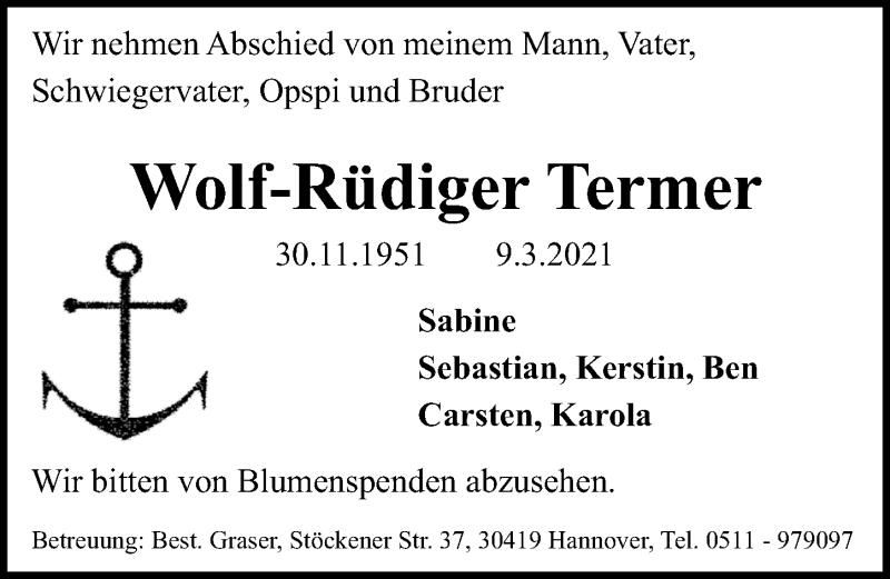  Traueranzeige für Wolf-Rüdiger Termer vom 13.03.2021 aus Hannoversche Allgemeine Zeitung/Neue Presse