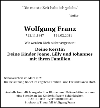 Traueranzeige von Wolfgang Franz von Kieler Nachrichten