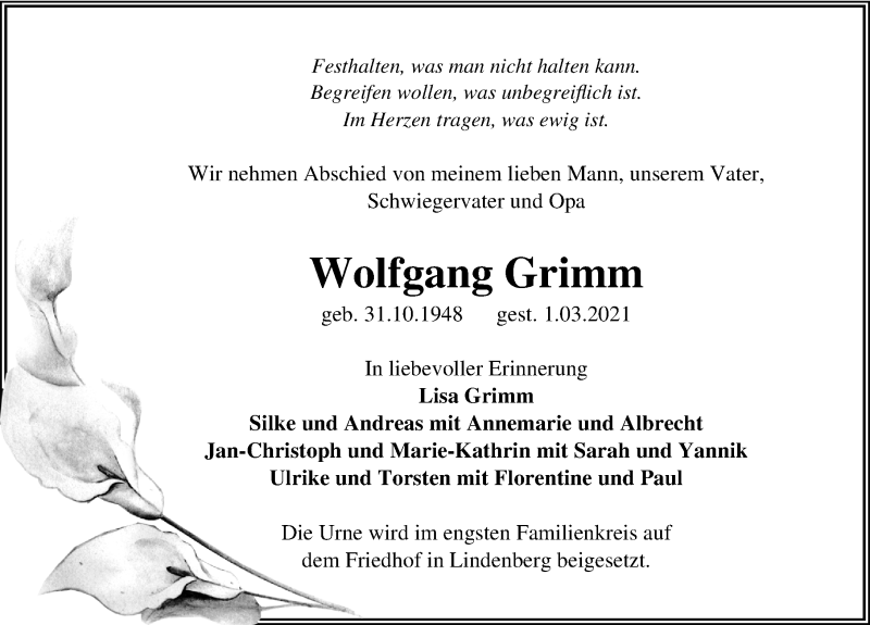  Traueranzeige für Wolfgang Grimm vom 06.03.2021 aus Märkischen Allgemeine Zeitung