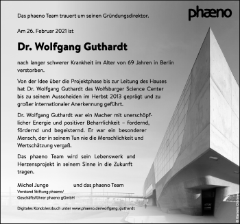Traueranzeige von Wolfgang Guthardt von Aller Zeitung
