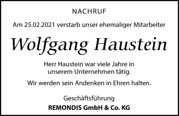 Traueranzeige von Wolfgang Haustein von Leipziger Volkszeitung