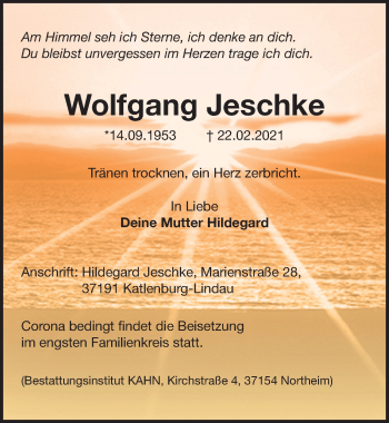 Traueranzeige von Wolfgang Jeschke von Göttinger Tageblatt