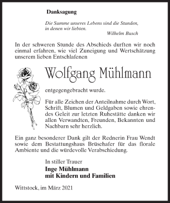 Traueranzeige von Wolfgang Mühlmann von Märkischen Allgemeine Zeitung
