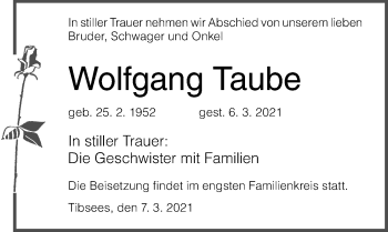 Traueranzeige von Wolfgang Taube von Ostsee-Zeitung GmbH