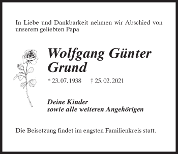 Traueranzeige von Wolfgang Günter Grund von Märkischen Allgemeine Zeitung