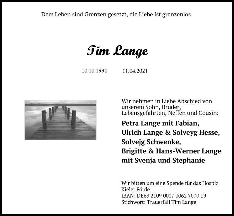  Traueranzeige für Tim Lange vom 20.04.2021 aus Kieler Nachrichten