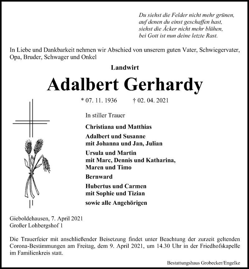  Traueranzeige für Adalbert Gerhardy vom 07.04.2021 aus Eichsfelder Tageblatt