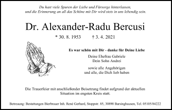 Traueranzeige von Alexander-Radu Bercusi von Hannoversche Allgemeine Zeitung/Neue Presse