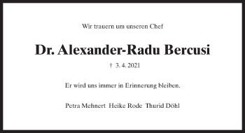 Traueranzeige von Alexander-Radu Bercusi von Hannoversche Allgemeine Zeitung/Neue Presse