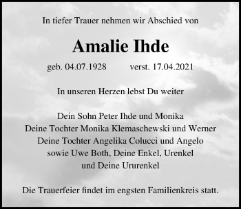 Traueranzeige von Amalie Ihde von Ostsee-Zeitung GmbH