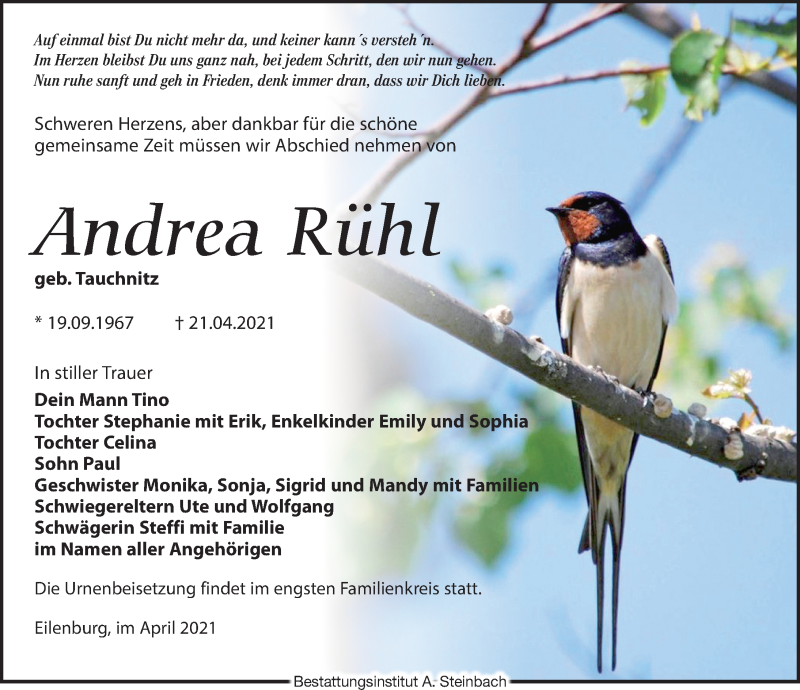  Traueranzeige für Andrea Rühl vom 30.04.2021 aus Leipziger Volkszeitung