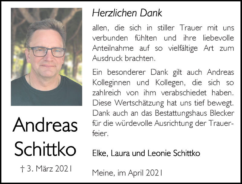  Traueranzeige für Andreas Schittko vom 03.04.2021 aus Aller Zeitung