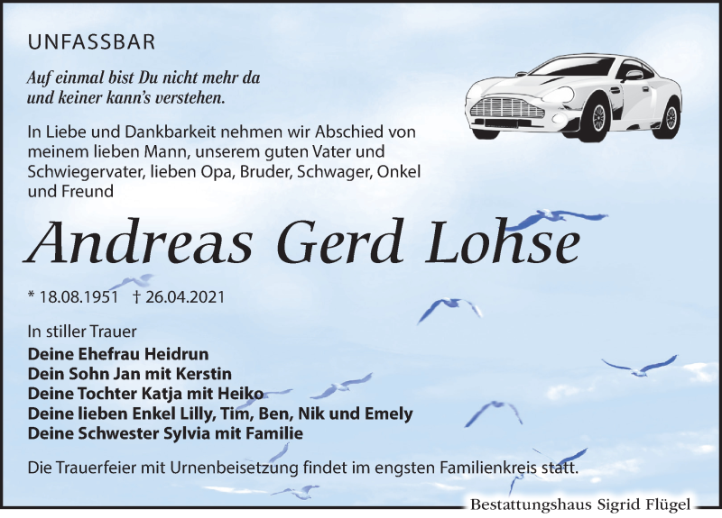  Traueranzeige für Andreas Gerd Lohse vom 30.04.2021 aus Leipziger Volkszeitung