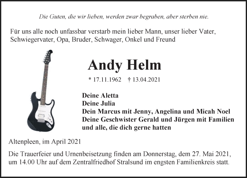  Traueranzeige für Andy Helm vom 17.04.2021 aus Ostsee-Zeitung GmbH