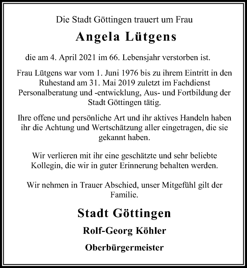  Traueranzeige für Angela Lütgens vom 17.04.2021 aus Göttinger Tageblatt