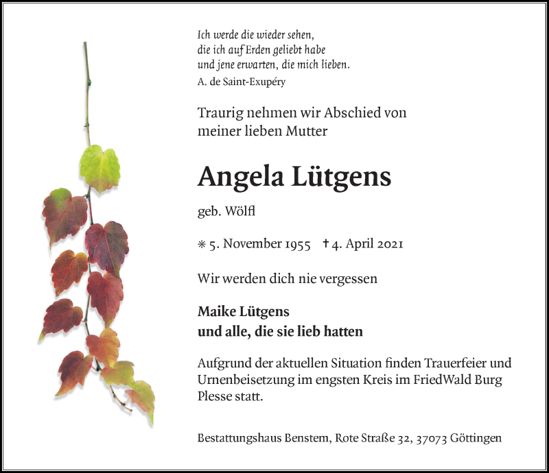  Traueranzeige für Angela Lütgens vom 17.04.2021 aus Göttinger Tageblatt