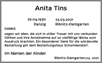 Traueranzeige von Anita Tins von Ostsee-Zeitung GmbH