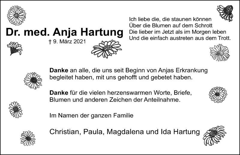  Traueranzeige für Anja Hartung vom 03.04.2021 aus Märkischen Allgemeine Zeitung