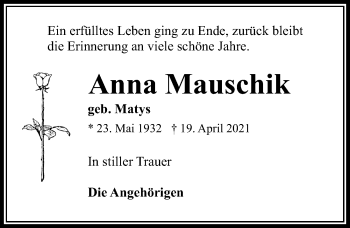 Traueranzeige von Anna Mauschik von Märkischen Allgemeine Zeitung
