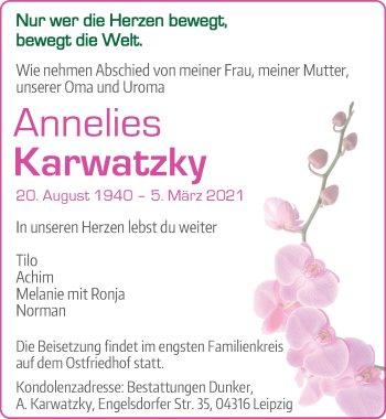 Traueranzeige von Annelies Karwatzky von Leipziger Volkszeitung