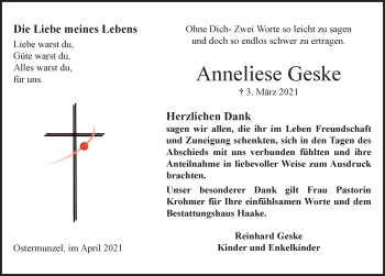 Traueranzeige von Anneliese Geske von Hannoversche Allgemeine Zeitung/Neue Presse